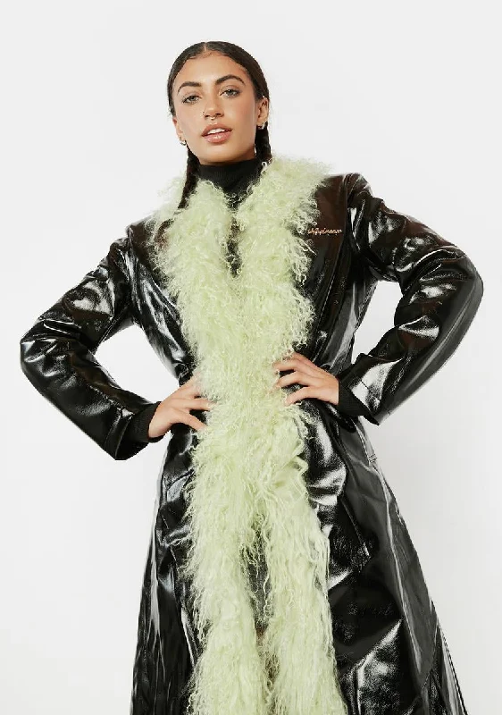 Women's Formal Event Attire Elegant Fashion Offers Green Mongolian Fur Trim Leather Long Coat