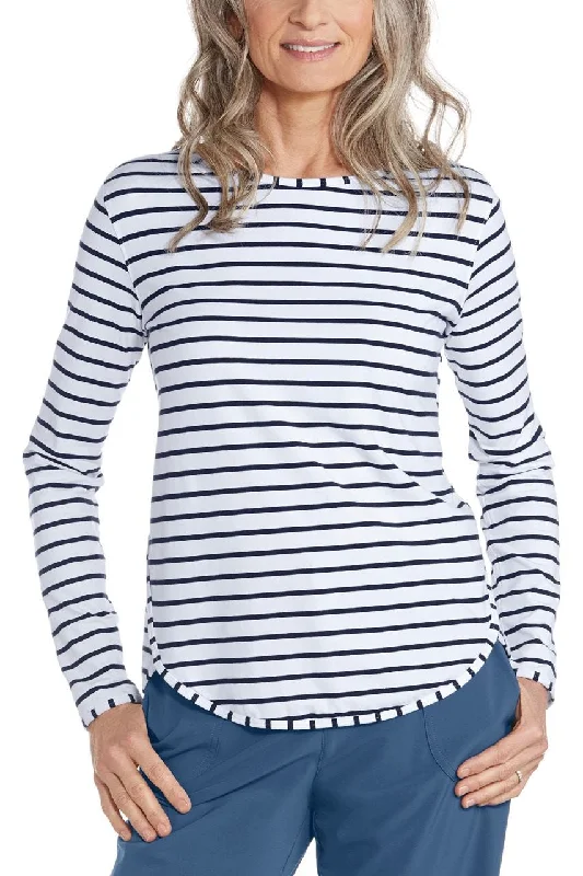 Hot Picks Women's Comfy Loungewear Outfit Hot Picks Women's Heyday Side Split Shirt | White/Navy Stripe