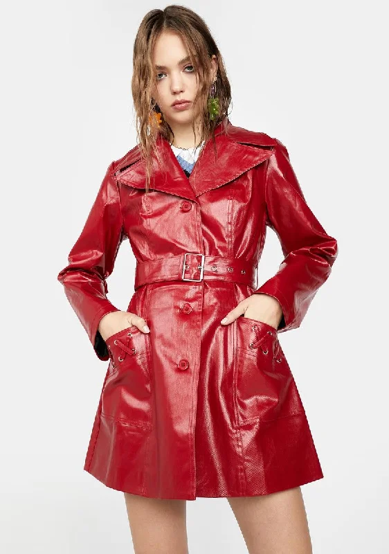 Women's Clothes For Outdoor Events Limited Edition Rendezvous Vegan Leather Trench Coat - Red