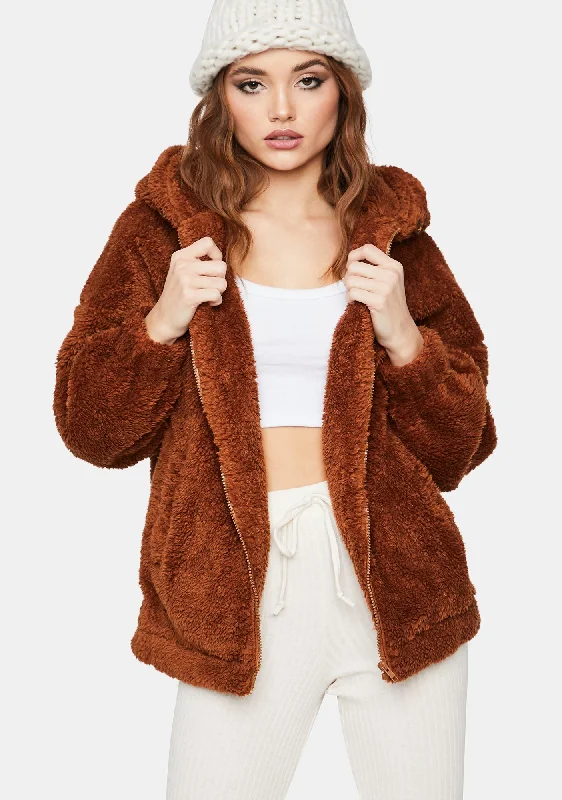 Women's High-Fashion Outfit Day-To-Night Styles Chocolate Cuddle Up Teddy Jacket