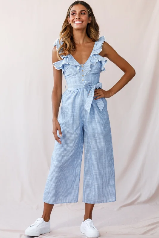 Women's Casual Wear Clothing On-Trend Fashion Offers Danube Belted Waist Pinstripe Jumpsuit Blue