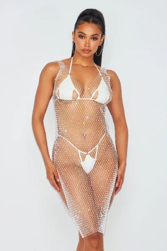 Women's Evening Apparel Top Deals I'm Real Rhinestone Fishnet Swim Cover Up Dress