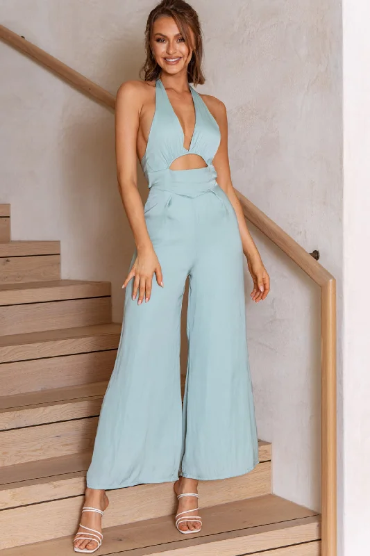 Charming Everyday Clothing For Women Modern Fashion Sale Guest List Halterneck Open Back Jumpsuit Pistachio