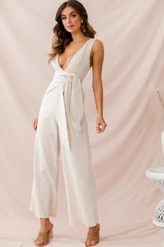 Formal Clothing For Women Urban Style Promotions Dylan V-Neckline Wide Leg Jumpsuit Beige