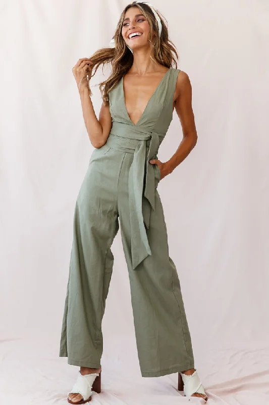 Women's Clothing Outfit Set Discover Promotions Dylan V-Neckline Wide Leg Jumpsuit Olive