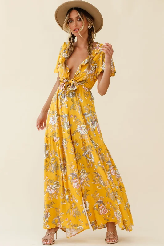 Women's Vintage-Inspired Outfit Quick Grab Deals Kasey Tied Bust Wide Leg Floral Print Jumpsuit Mustard