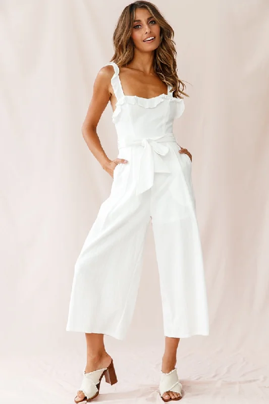 Sustainable Women's Apparel Clearance Event Kaia Ruffle Strap Wide-Leg Capri Jumpsuit White