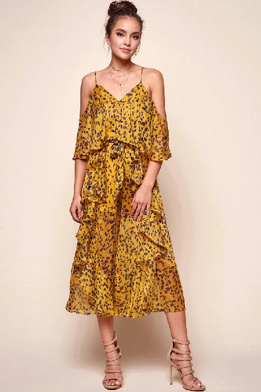 High-Fashion Women's Clothing Statement Fashion Offers Constance Flowy Summer Jumpsuit Yellow Mustard