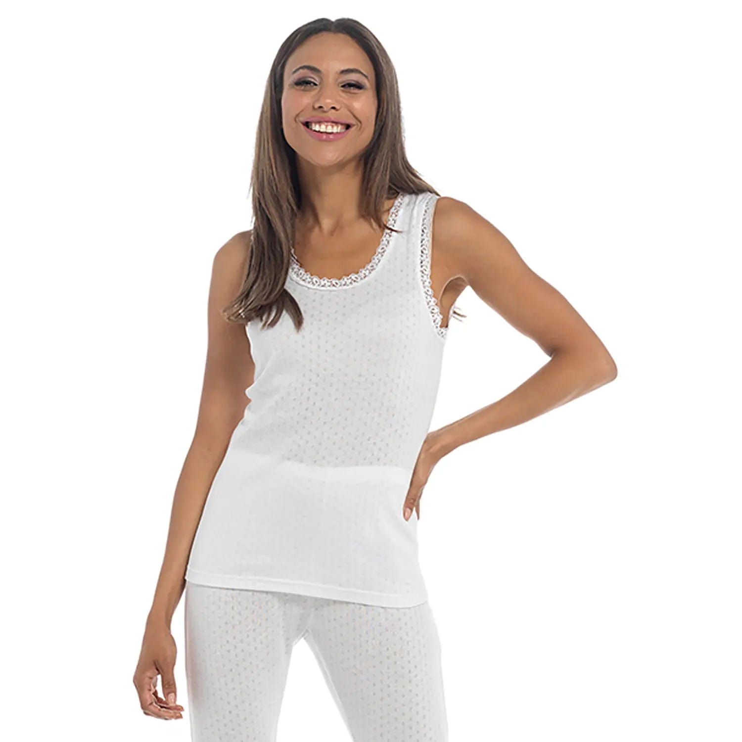 Women's Loungewear Clothes Sophisticated Street Style Offers Ladies Thermal Sleeveless Vest Top White Pointelle Extra Warm