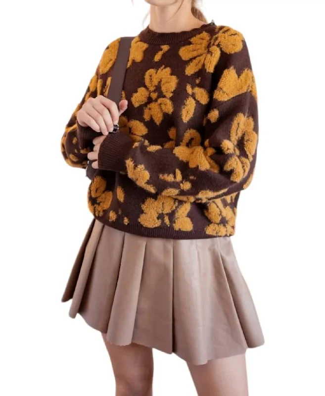 Modern Women's Apparel Unleash Your Fashion That 70's Flower Sweater In Brown/mustard