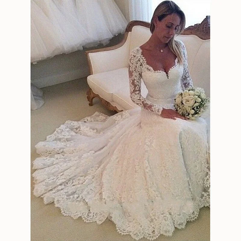 Women's Comfortable Garments Stylish Deals Vintage Long Sleeves Lace Bride Dress A Line Wedding Gown Robe De Mariee WD6602