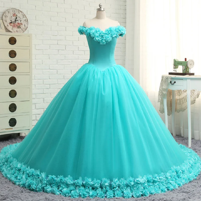 Women's Seasonal Wardrobe Clothing Best Sellers Hand made 3D Flowers Light Blue Wedding Dress Princess Ball Gown Off the Shoulder Quinceanera Dress Debutante Gown WD7703