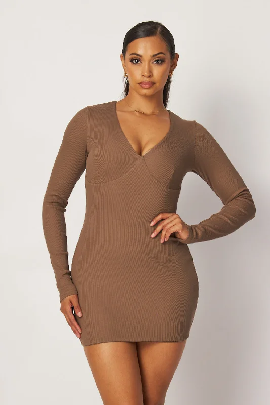 Women's Athletic Garments Vintage-Modern Style Offers Geraldine V-Neck Rib Knit Bodycon Mini Dress