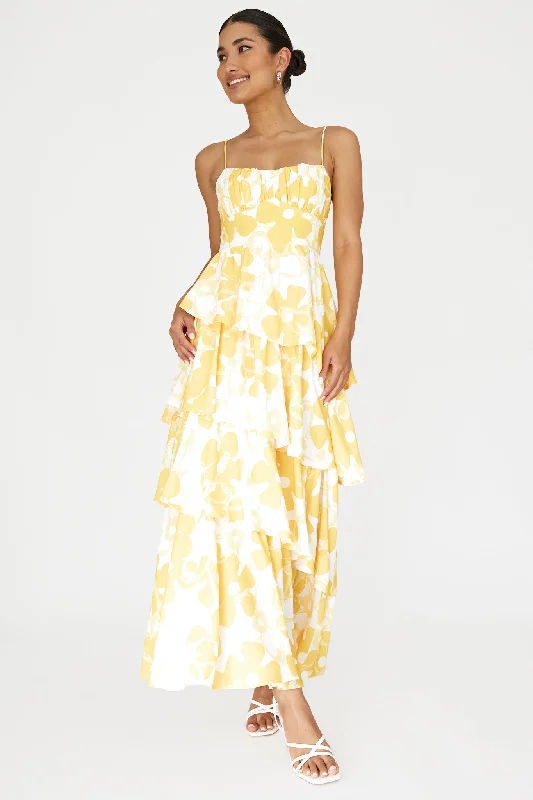 Women's Trendy Apparel Style Revolution Hopeful Tiered Layered Maxi Dress Yellow