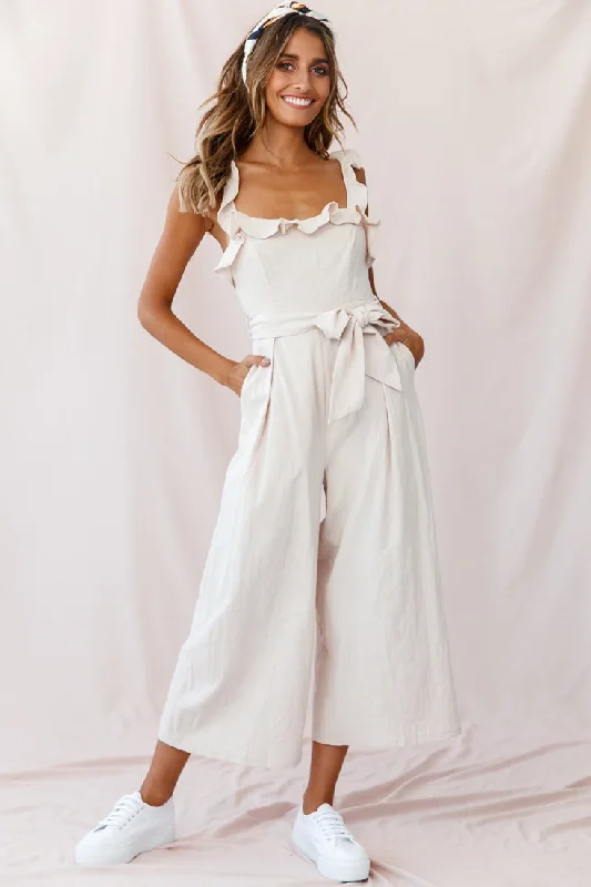 Vintage-Inspired Garments Huge Price Cut Kaia Ruffle Strap Wide-Leg Capri Jumpsuit Beige