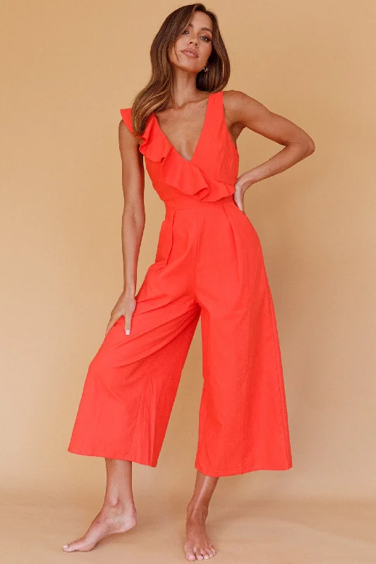 Affordable Women's Clothing Edgy Fashion Deals Cheryl Ruffle Strap Wide Leg Jumpsuit Tangerine