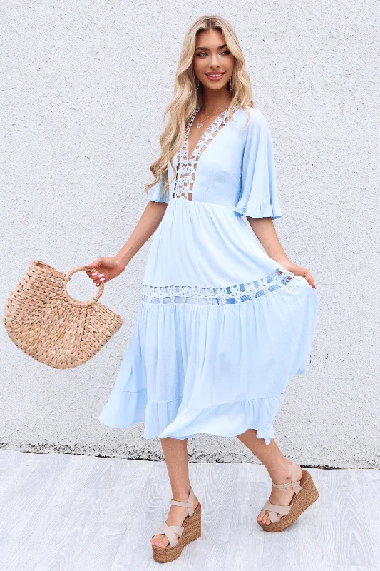 Fashionable Women's Clothing Fashion Deal Flora Boho Midi Dress - Baby Blue