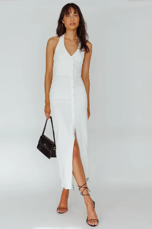 Women's Occasion Wear Clothes Affordable Luxury Fashion Renita Halterneck Button Maxi Dress White