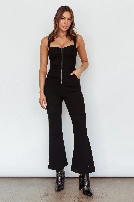 Women's Layered Outfit Minimalist Fashion Sale Emilio Flared Jumpsuit Black