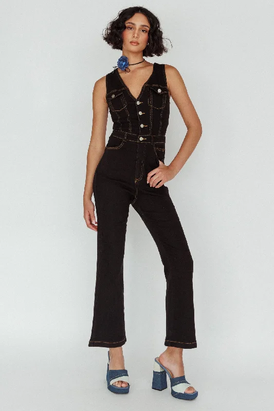 Women's Casual Outfit Casual Chic Deals Jazelle Button Front Jumpsuit Black