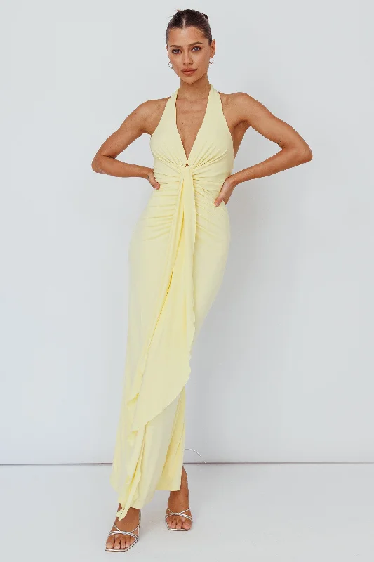 Women's Luxury Attire Hot Brand Discounts Ray Of Light Ruched Halterneck Maxi Dress Lemon