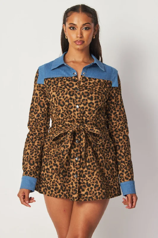 Women's Transitional Clothes Chic Style, Always In Vogue Bella Denim Mix Leopard Print Tied Shirt Dress