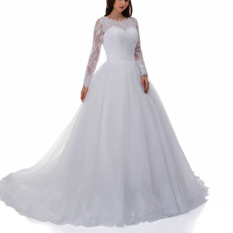 Elegant Women's Attire Mega Sale Vintage White Lace Ball Gown Princess Wedding Gown Sleeved Bridal Dresses 2018