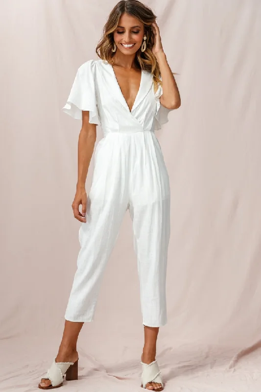 Women's Trendy Casual Outfit Best Deals Of The Season Dana Straight Leg Collared Neck Jumpsuit White