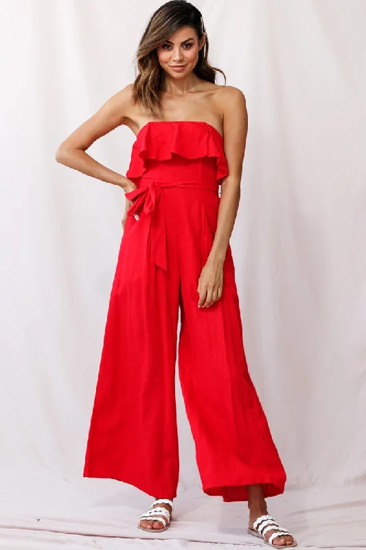 Affordable Women's Attire Huge Markdowns Hamilton Bandeau Ruffle Wide Leg Jumpsuit Red