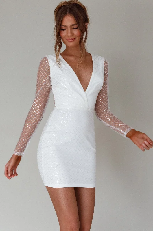 Women's Functional Outfit For Outdoor Activities Romantic Fashion Discounts Juno Plunging Neckline Sequin Mini Dress White