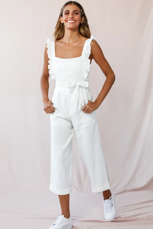 Timeless Women's Apparel Valentine's Special Serenade Ruffle Strap Pinafore Jumpsuit White