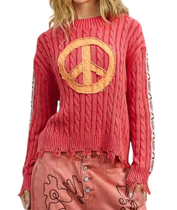 Women's Contemporary Apparel Fashion Forward, Function First Stitched Up Peace Sweater In Cherry