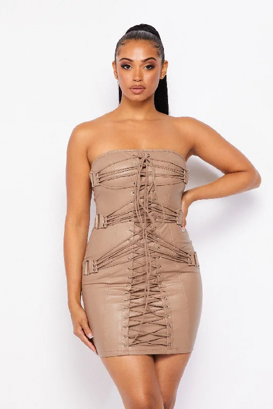 Women's Clothing For Special Occasions Limited-Time Offer Live Free PU Strapless Lace Up Dress