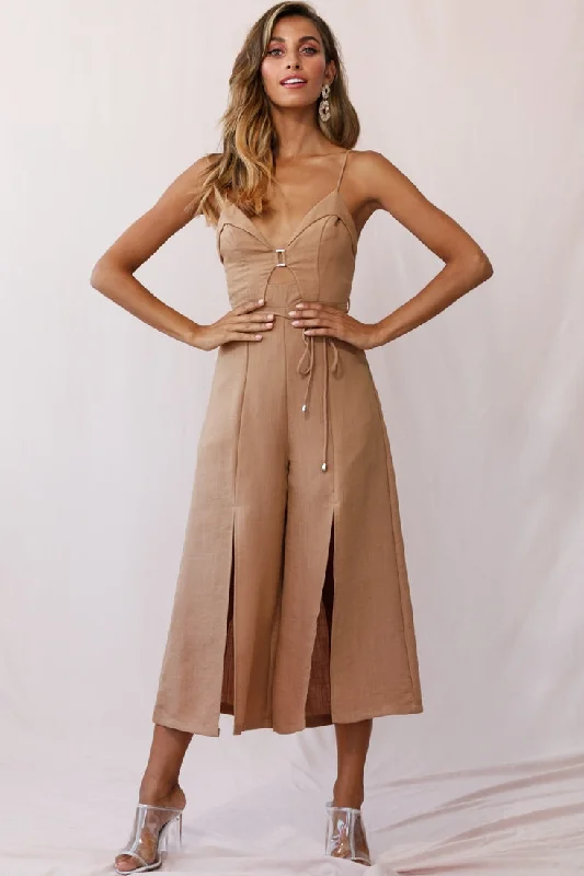 Women's Clothing Apparel Chic Style, Always In Vogue Charlie Structured Wide Leg Jumpsuit Tan