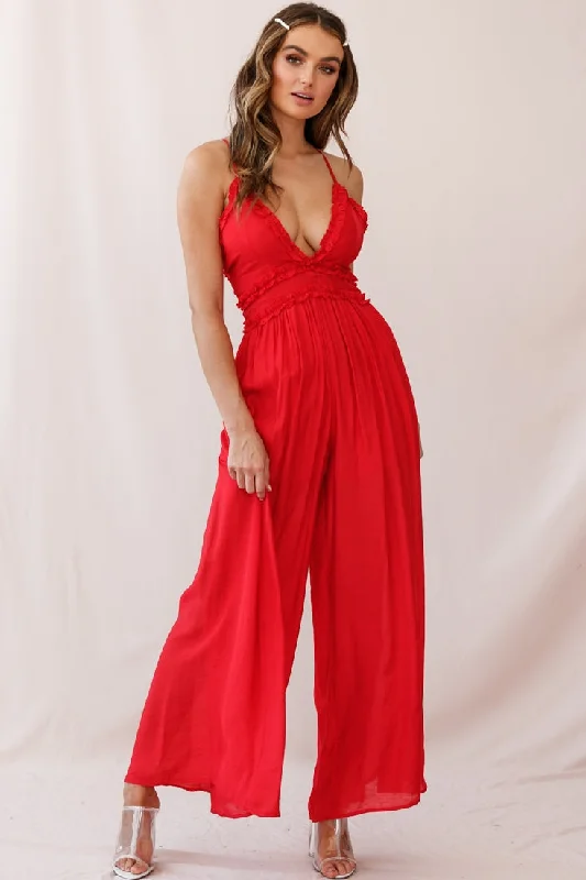 Timeless Women's Garments Winter Warehouse Sale Laney Wide Leg Ruffle Detail Jumpsuit Red