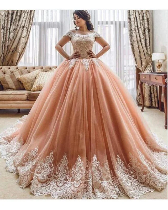 Women's Transitional Apparel Elegant Fashion Offers Coral Pink Ball Gown Prom Girls Sweet 16 Quinceanera Dress Wedding Gowns with Lace