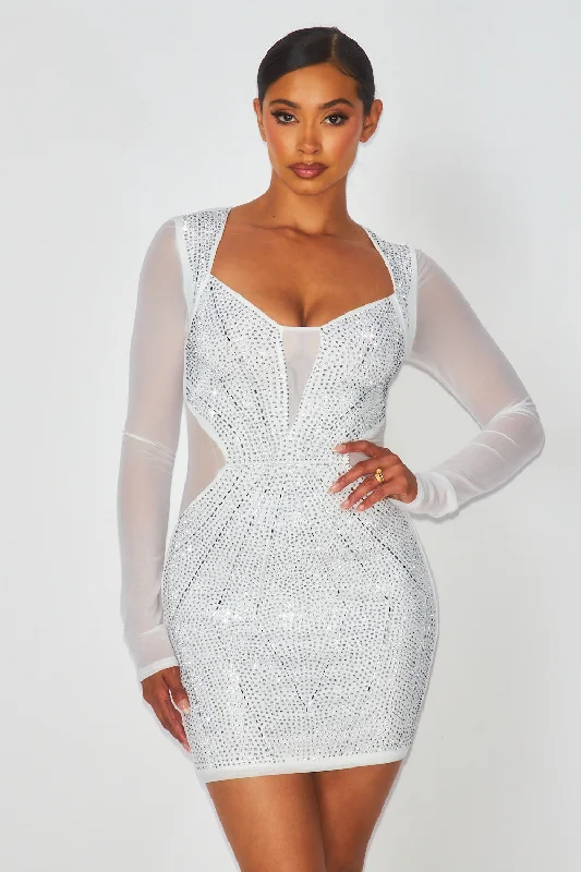 Women's Occasion Wear Apparel Flash Sale Now Carly Rhinestone Nylon Mesh Long Sleeve Mini Dress