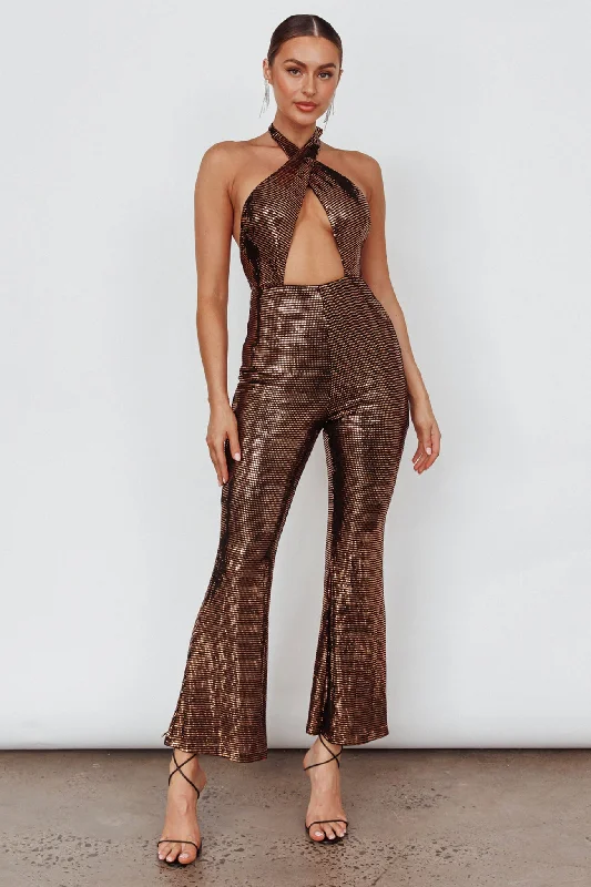 Trendy Athleisure Clothing For Women Boutique Styles Moon In Leo Halterneck Jumpsuit Bronze