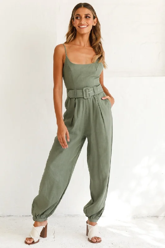 Stylish Women's Outfit Luxe Style Discounts Santa Barbara Cuffed Hem Belted Jumpsuit Olive