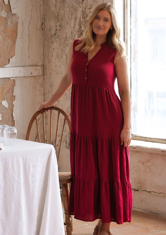 Classic Women's Clothing Styles Urban Elegance Deals Boho Tiered Maxi Dress Tibetan Red