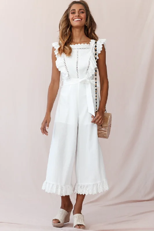 Women's Outerwear Apparel Stay Ahead In Style Meadow Ruffle Strap Open Back Midi Jumpsuit White