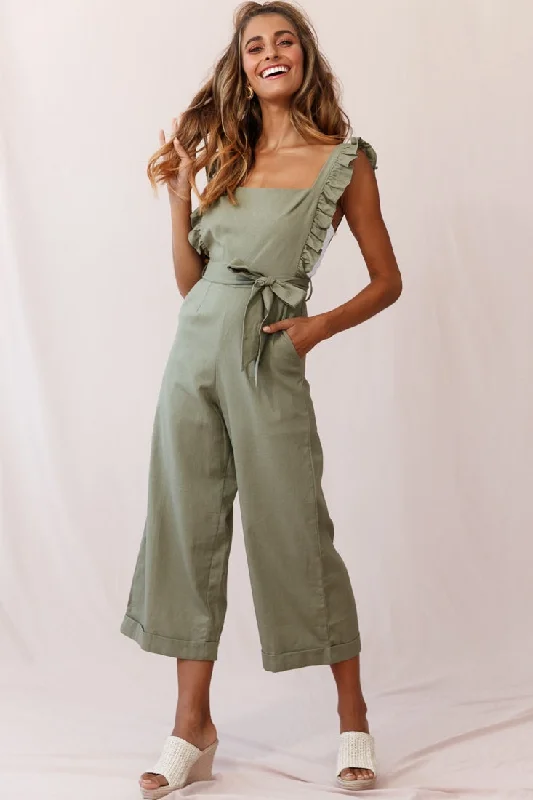 Chic Clothes For Women Style Upgrade Serenade Ruffle Strap Pinafore Jumpsuit Olive