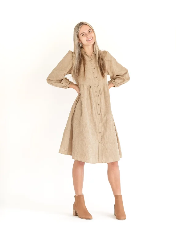 Women's Holiday Attire Urban Elegance Deals Button Up Textured Taupe Shirt Dress