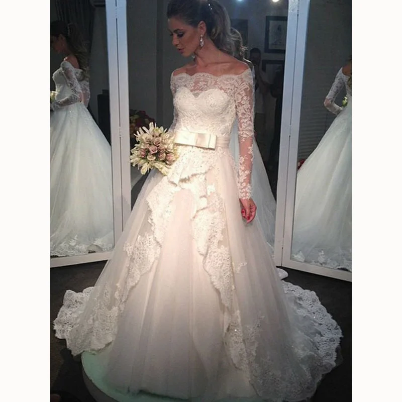 Women's Luxury Attire Seasonal Sale Fantastic Lace Wedding Dress with Long Sleeves Off The Shoulder  Bridal Gown hochzeitskleid 2020