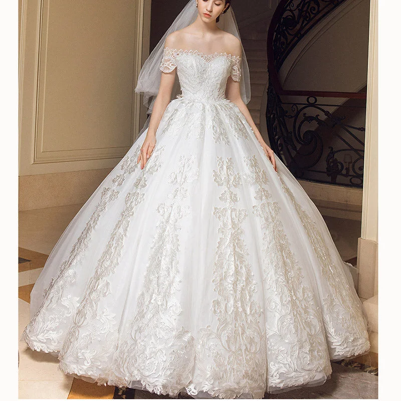 Women's Outerwear Garments Stylish Savings Luxury Lace Short Sleeved Off the Shoulder Wedding Dresses Ivory Ball Gown Bridal Gown