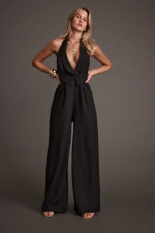 Women's Transitional Outfit Essentials On Sale Astoria Black Plunge Halter Tailored Jumpsuit