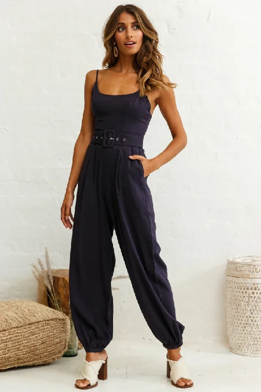 Women's Athletic Outfit Low Price Special Santa Barbara Cuffed Hem Belted Jumpsuit Navy