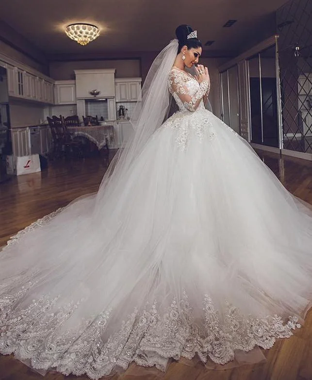 Women's Clothing Apparel Sets Modern Fashion Sale Vintage Long Sleeves Lace Wedding Dresses Luxury Bride Gown 2018 WD254