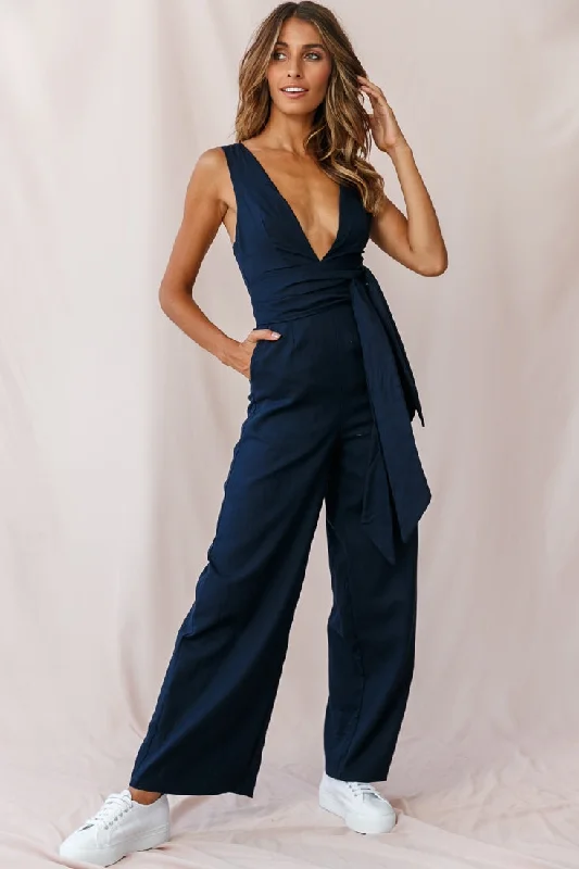 Women's Vintage-Inspired Outfit Daily Deals Dylan V-Neckline Wide Leg Jumpsuit Navy