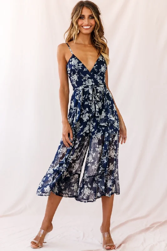 Women's Apparel And Garments Special Offer For You Constance Thin Strap Midi Jumpsuit Navy/White Flower